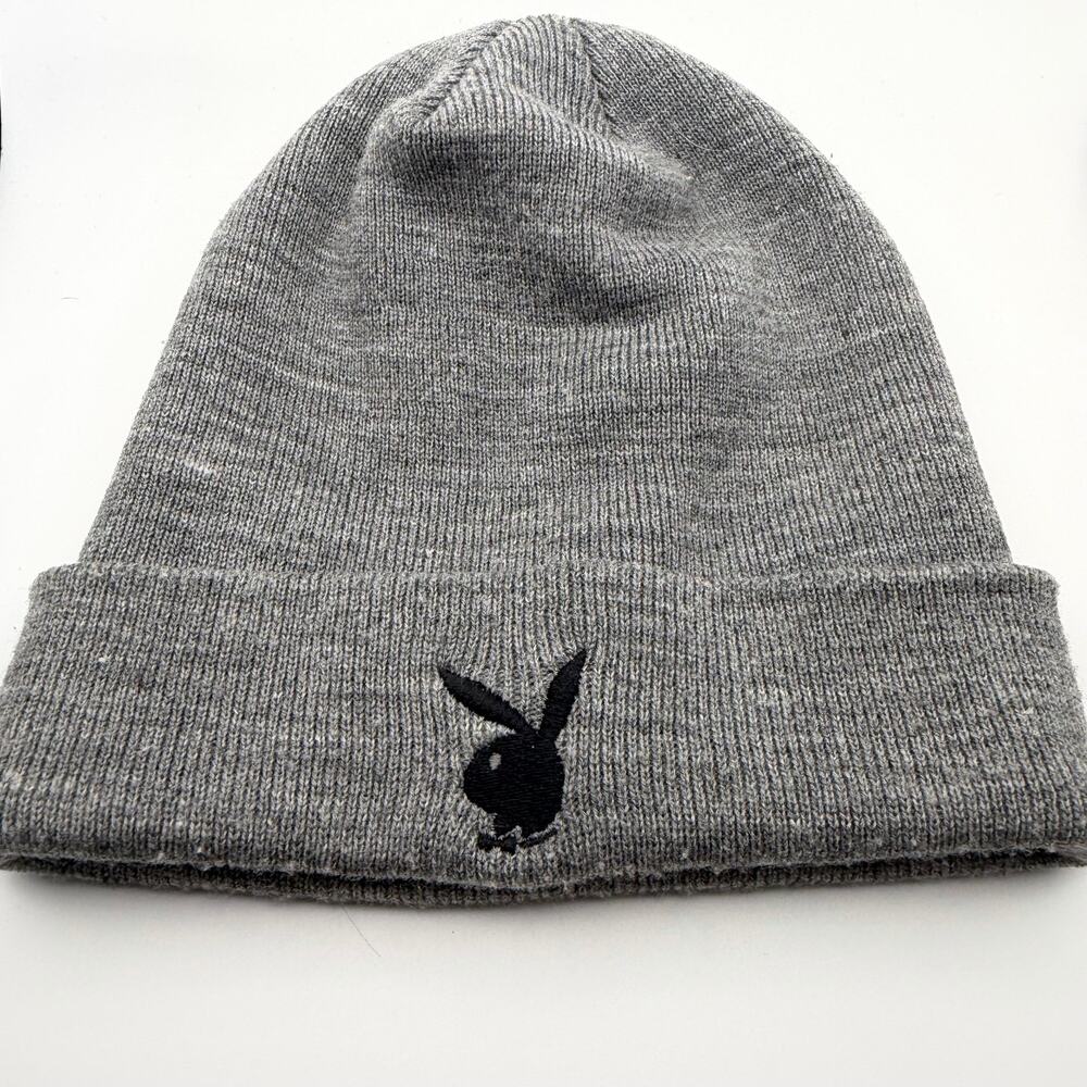 Playboy Bunny Logo Gray Knit Cuffed Beanie Embroidered One Size